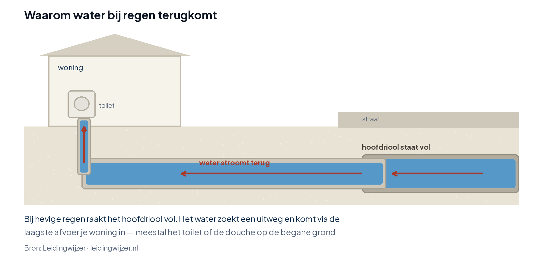Schema: bij hevige regen raakt het hoofdriool vol en stroomt het water via de laagste afvoer de woning in